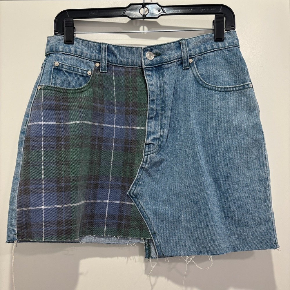 Pull&Bear Plaid Patchwork Denim Mini Skirt Light Wash Asymmetrical Raw Hem Large